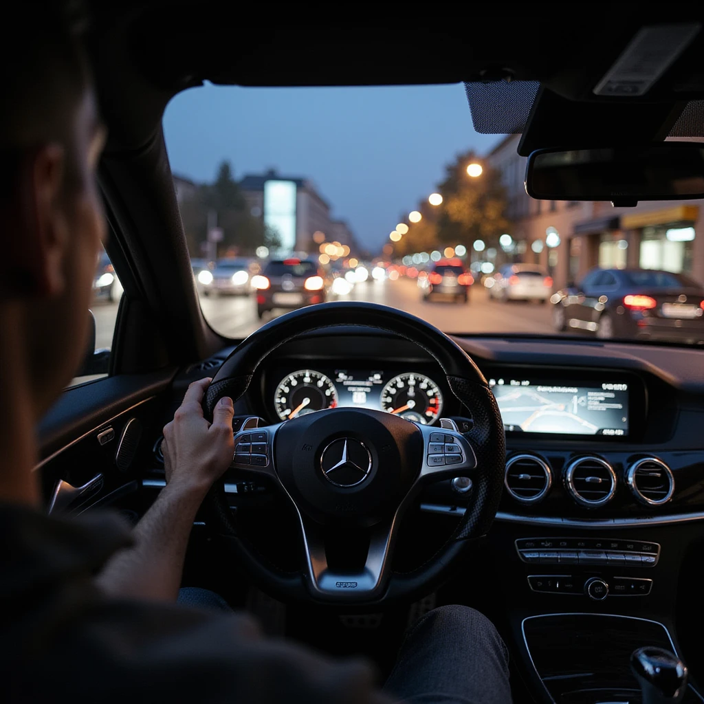Mercedes E63 2024, photorealistic cockpit view from the driver's perspective, as if the viewer is driving, left hand on the steering wheel, night in Bucharest, city lights and motion blur outside, city traffic visible ahead through the windshield, highly realistic emoji