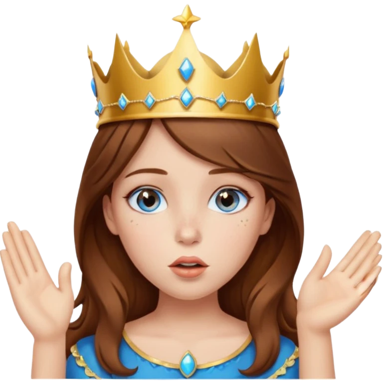 a girl with brown hair, blue eyes and freckles, who wears a crown and is blowing a kiss emoji