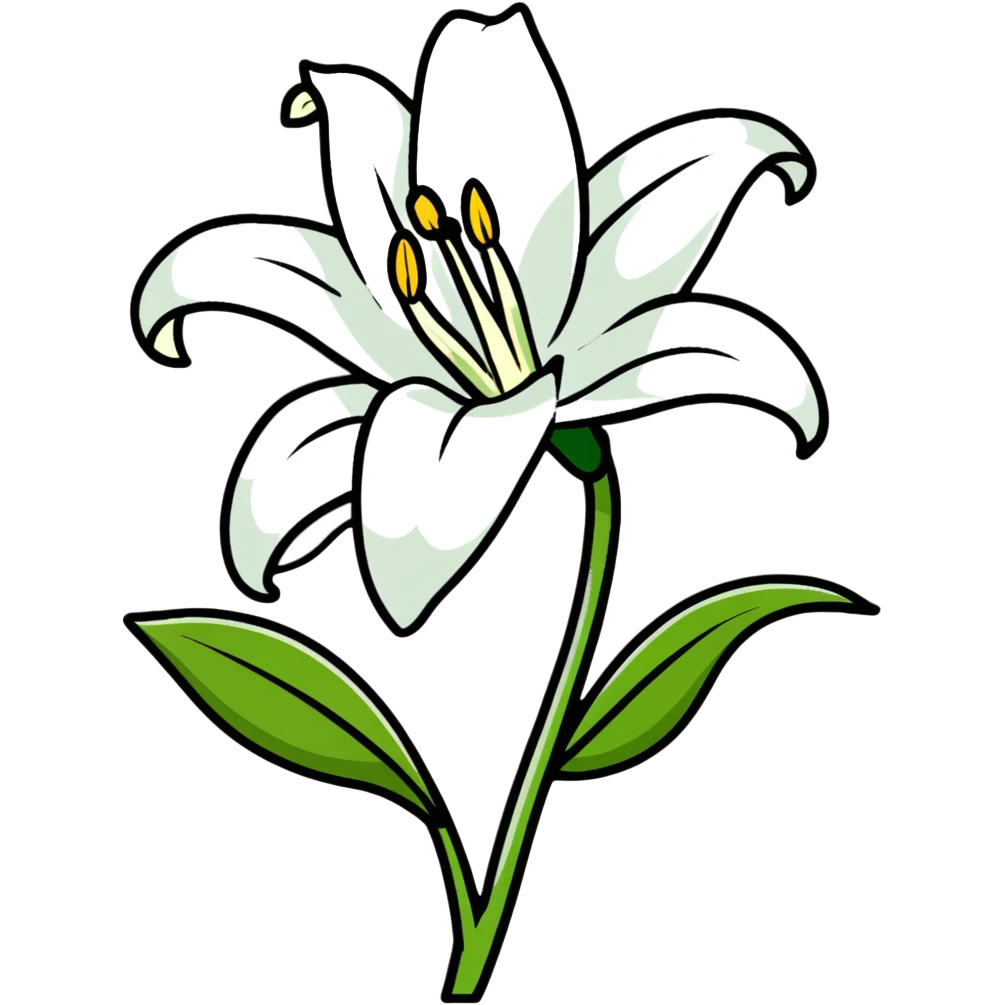 elegant white lily with six distinct petals, one unopened bud, and leafy stem emoji