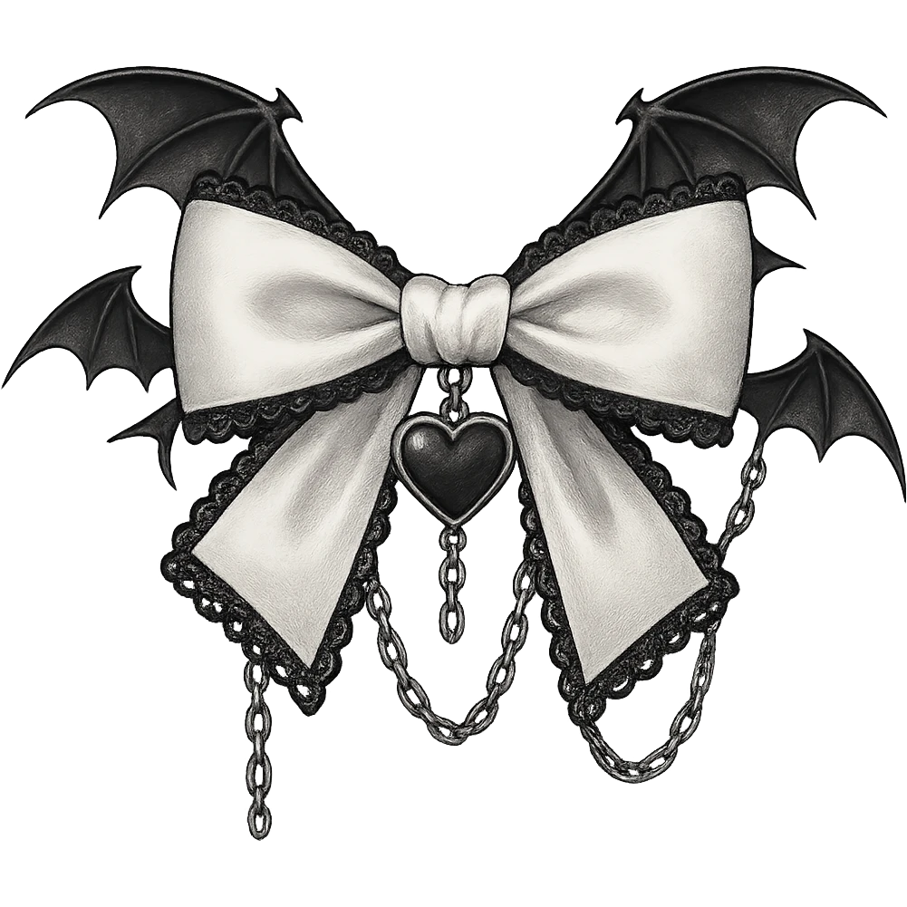 Edit the image to depict a white gothic bow with black lace trim, a heart charm, and additional gothic elements such as bat wings and silver chains. The style should be general to allow flexible editing. Remove the background. emoji