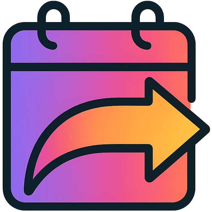 bold and tech-inspired logo with a dynamic arrow swiping over a calendar page, gradient colors emoji