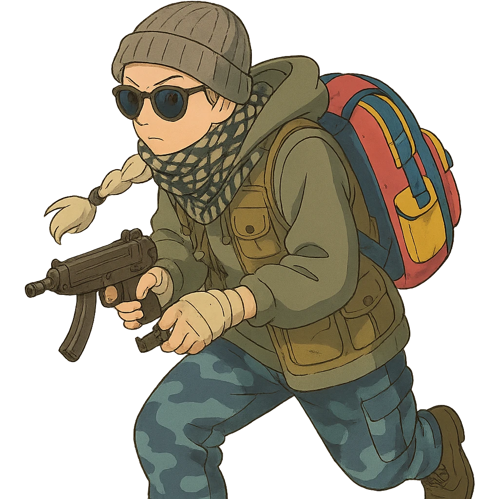 1 female, long white braid, knit cap, dark sunglasses, shemegh neckwrap, fishing vest, vibrant shool backpack, drab hoodie, handwraps, blue camo pants, tactical reload of a VZ-64 Scorpion, hunched over, on the move emoji
