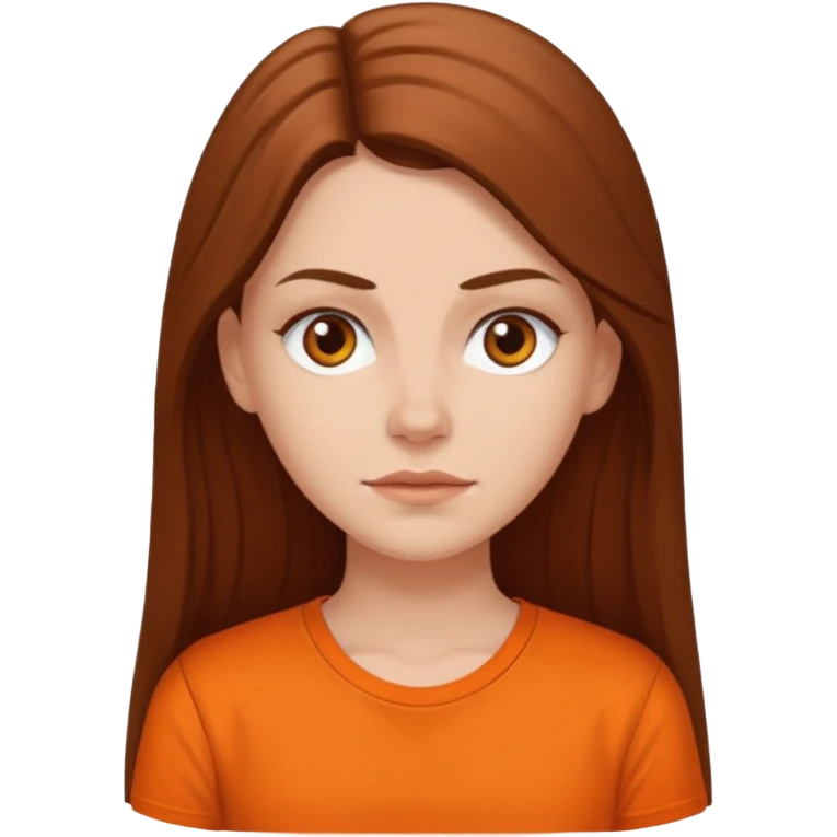 white girl with long hair and orange shirt not smiling emoji