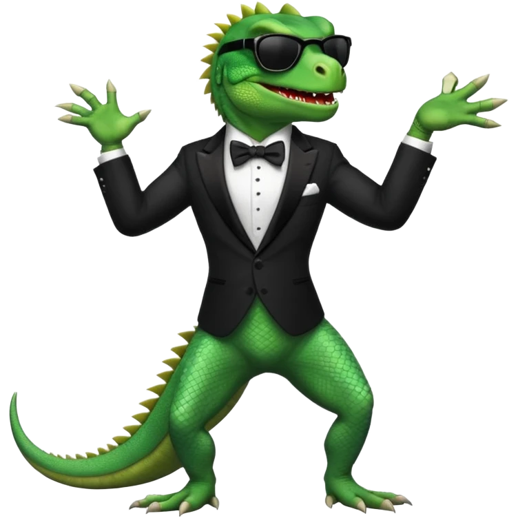 capitalist iguana banker in tuxedo and black sunglasses dancing crazy emoji