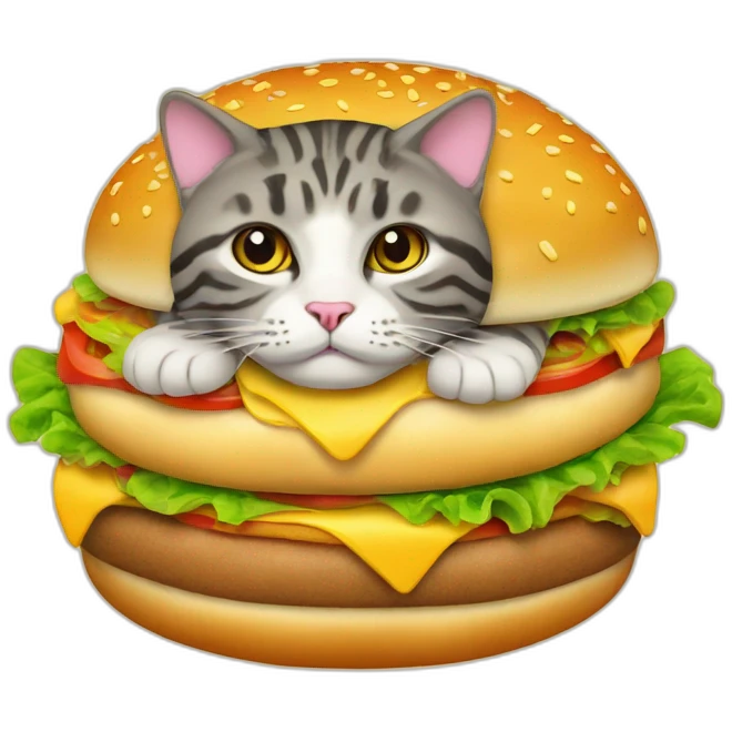 heavy cat floating on a giant cheeseburger emoji