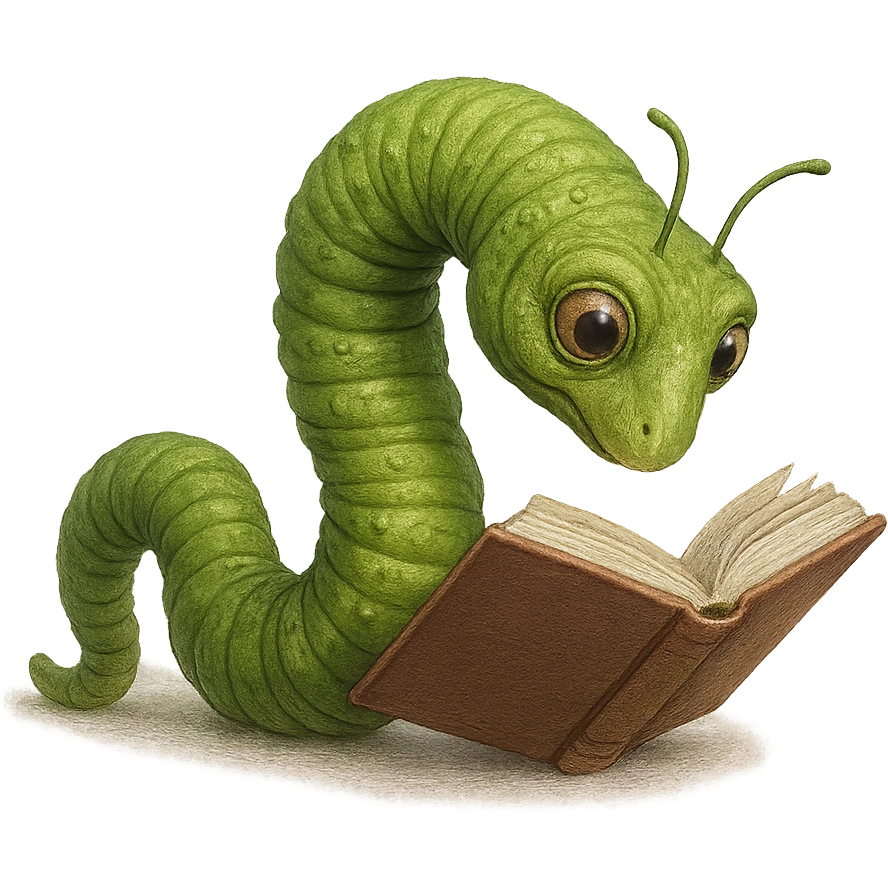 a realistic green bookworm with detailed texture, reading a book emoji