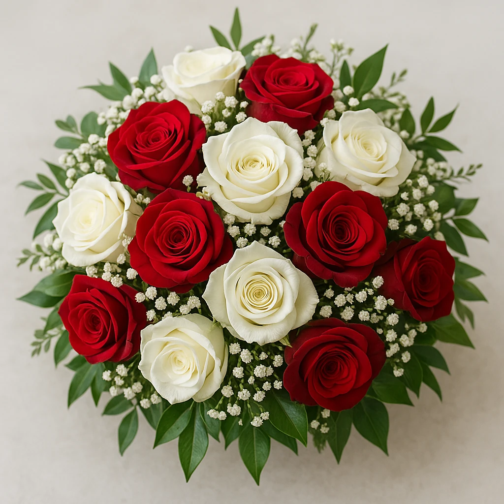 a round bouquet of red and white roses, with baby's breath and greenery, sophisticated and fresh emoji