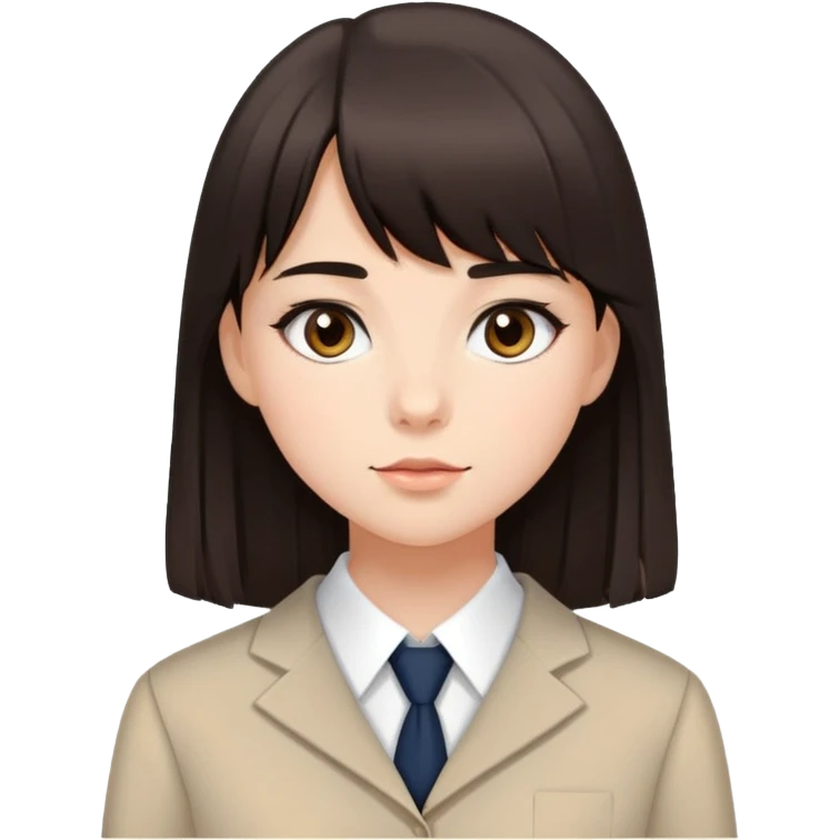 Girl in elegant school uniform with dark brown bangs, long straight hair, minimal makeup, attractive expression emoji