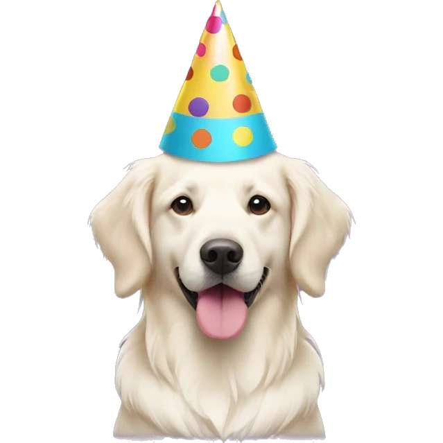 White golden retriever wearing polka dot party hat emoji