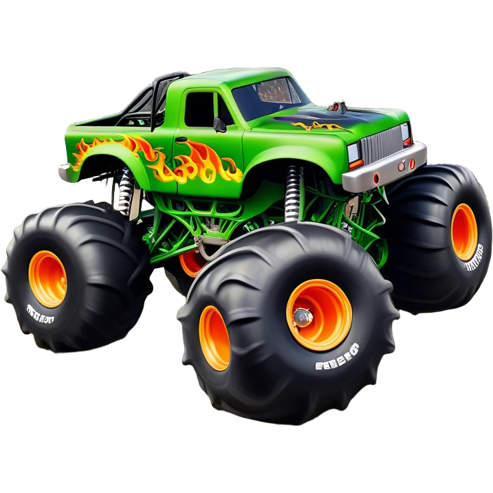Grave Digger - Monster Jam (Model Year: 2022) (Iconic colour: Green with flames) - A legendary monster truck with a fearsome design: predominantly deep green with dynamic, vibrant flame graphics in bright orange and yellow. Highlight its rough, edgy bodywork and an aura of untamed rebellion. emoji