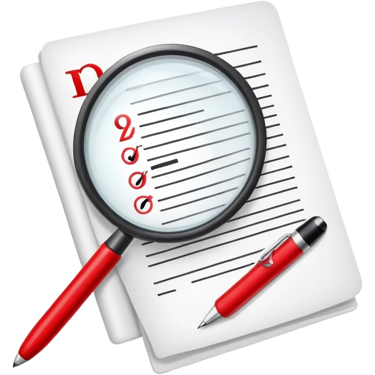 Create an emoji representing editing and proofreading. The design should feature an open document or manuscript with visible text and proofreading marks (such as red underlines or corrections). A red pen or pencil should be placed near the document, symbolizing the act of making edits. Optionally, include a magnifying glass to represent careful review. Use neutral and professional colors like white, black, and red accents to highlight the editing process. Do not include any emojis or smiley faces. Make the background transparent. emoji