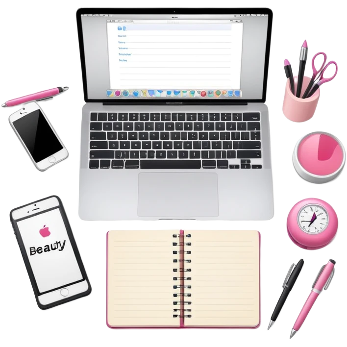 top view of a MacBook with a beauty salon logo on the screen, a notebook with one page filled with notes, and a pen laying on the notebook emoji
