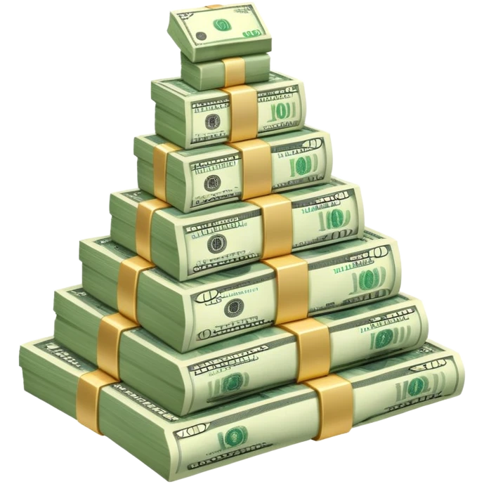 upward arrow next to gradually increasing stacks of dollar bill bundles, showing financial growth emoji