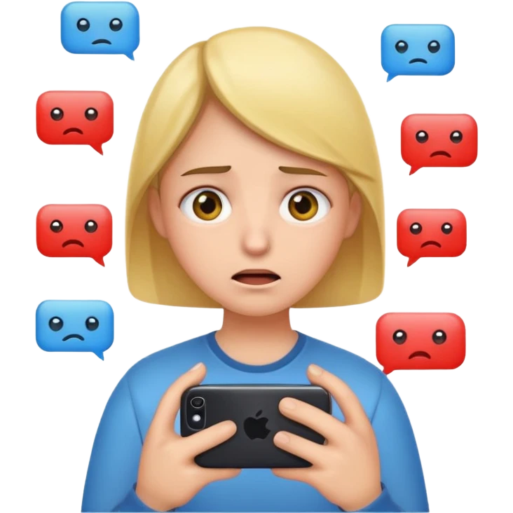 Same emoji avatar, overwhelmed expression, tired eyes, slightly stressed face, holding a smartphone with notifications piling up emoji