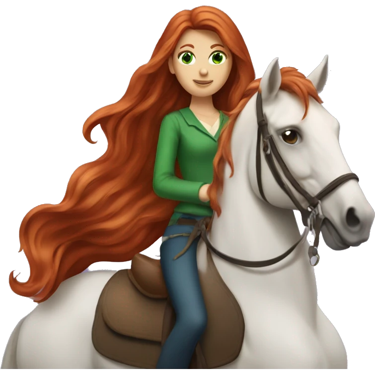 long-haired redhead woman with green eyes, on a horse back riding emoji