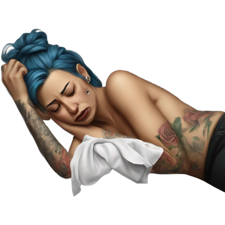 Hyper Realistic Beautiful tattooed woman crying holding a tissue lying on her bed emoji