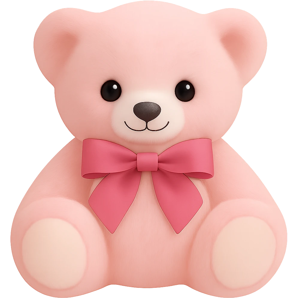 Remove all shadows from the teddy bear, keep the pink and white fur, no background or shadow, flat lighting. The style should maintain the look of a soft plush teddy bear with pink and white fur, without any shadows or background. emoji