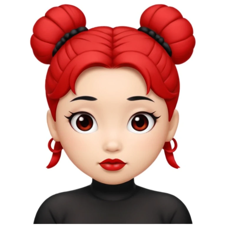 Pucca's cartoon face simplified to match apple-style emoji, round face, black hair buns, red accents, no body, no text emoji