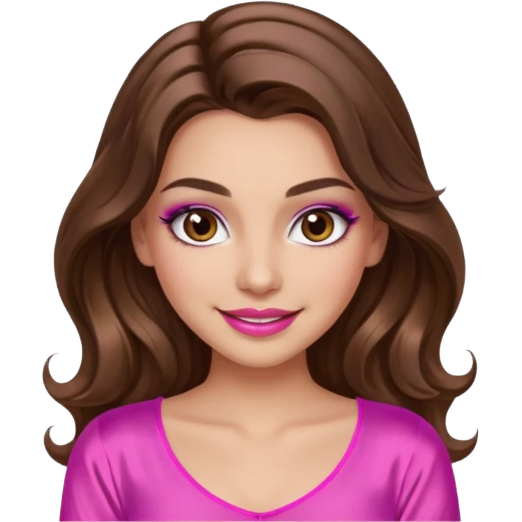 girl with long wavy brown hair, brown eyes, long lashes makeup, sexy pink lips, light to medium complexion, wearing a pink sexy silk top, smiling emoji