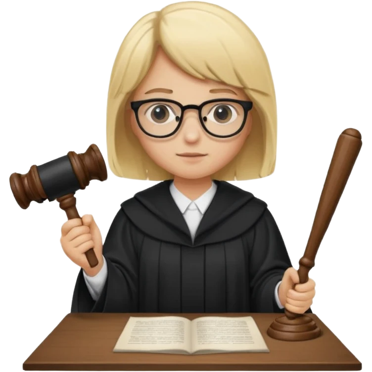 Young judge, blonde hair with glasses and robe, hold a paper and gavel emoji