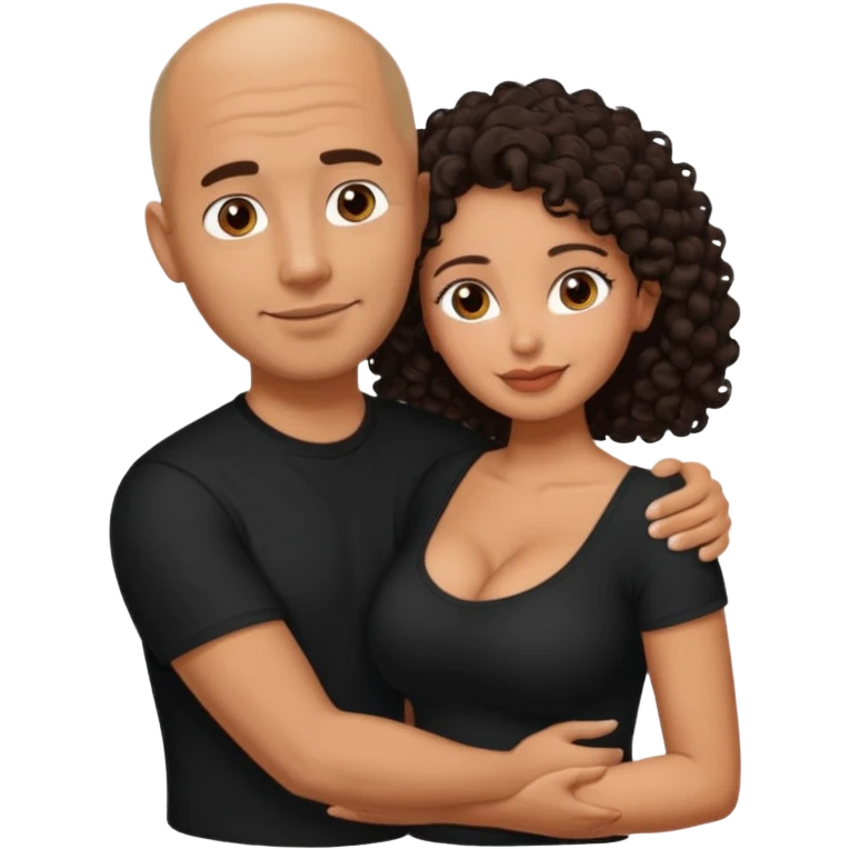 A picture of an embracing tanned couple. the man is a Mexican man with tanned skin, with a bald hair cut, short beard and wearing a black shirt. the woman is short with long curly dark brown hair and with big boobs  emoji