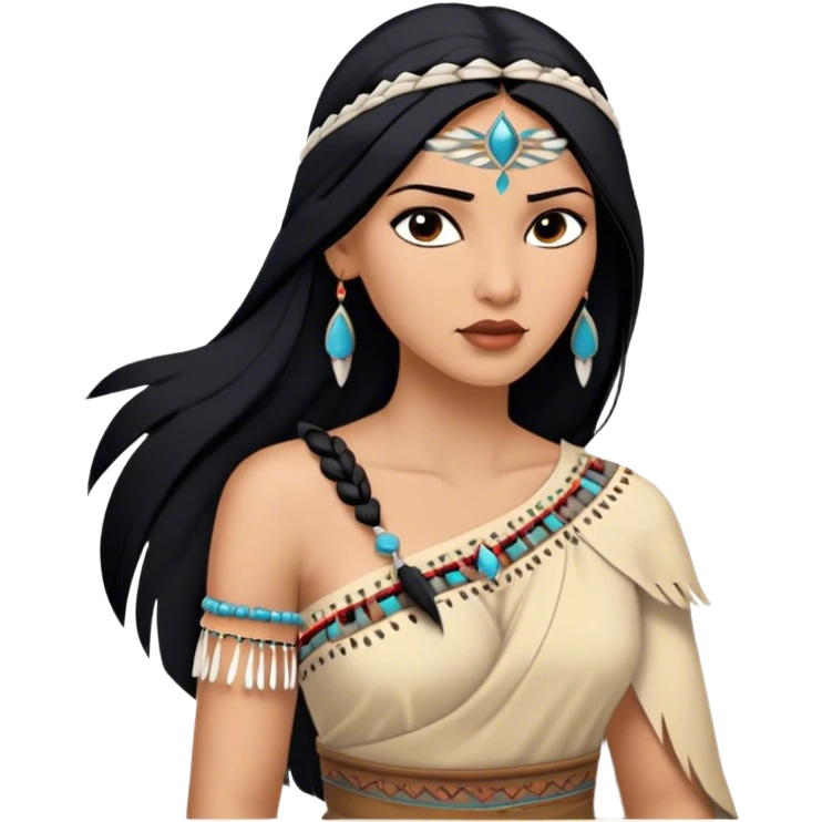 Cinematic Realistic Pocahontas Portrait, depicted with lifelike skin texture, soft natural lighting, and intricately detailed long, flowing raven-black hair that moves gracefully in the wind. Her deep, soulful dark brown eyes exude wisdom and strength, complemented by a serene yet powerful expression. She is dressed in her classic one-shoulder native american dress, with rich fabric textures and delicate beaded details that catch the light beautifully. The portrait features a soft, sun-kissed glow with a natural, radiant finish, capturing the essence of untamed beauty and deep connection to nature in a realistic and painterly style, evoking a sense of depth and authenticity. emoji