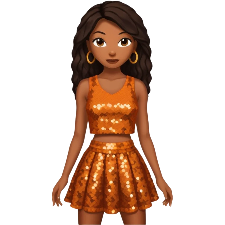Brandy Norwood with dark brown long hair, burnt orange sequin crop top and skirt  emoji