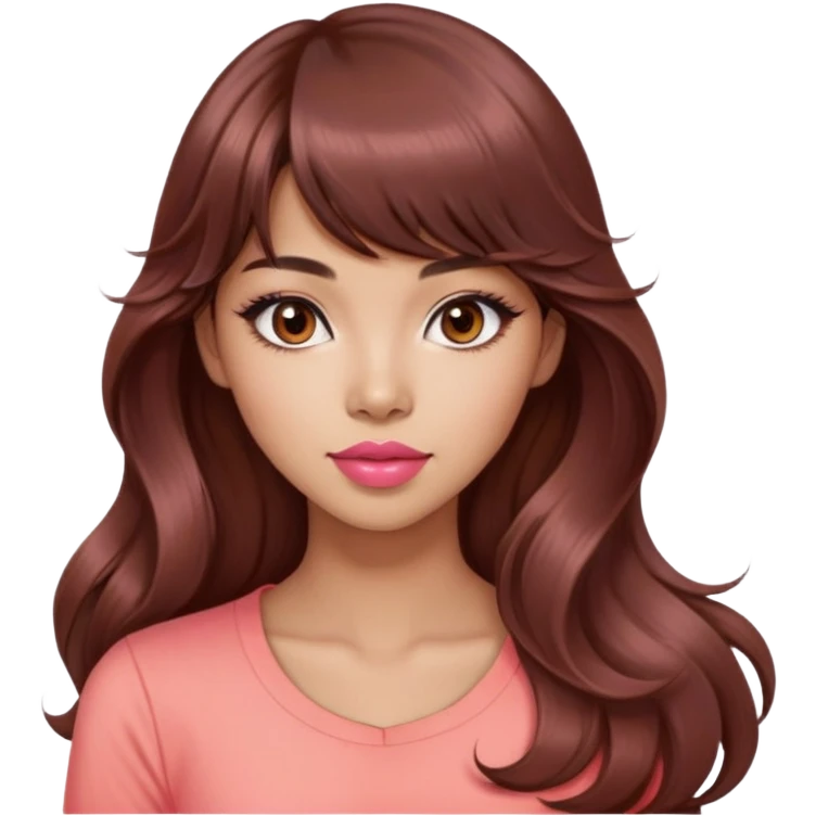 gorgeous woman, light tan skin, dark brown eyes, very long wavy auburn hair, bangs, pink top, coral lipstick, cool, model, mixed asian and latina emoji