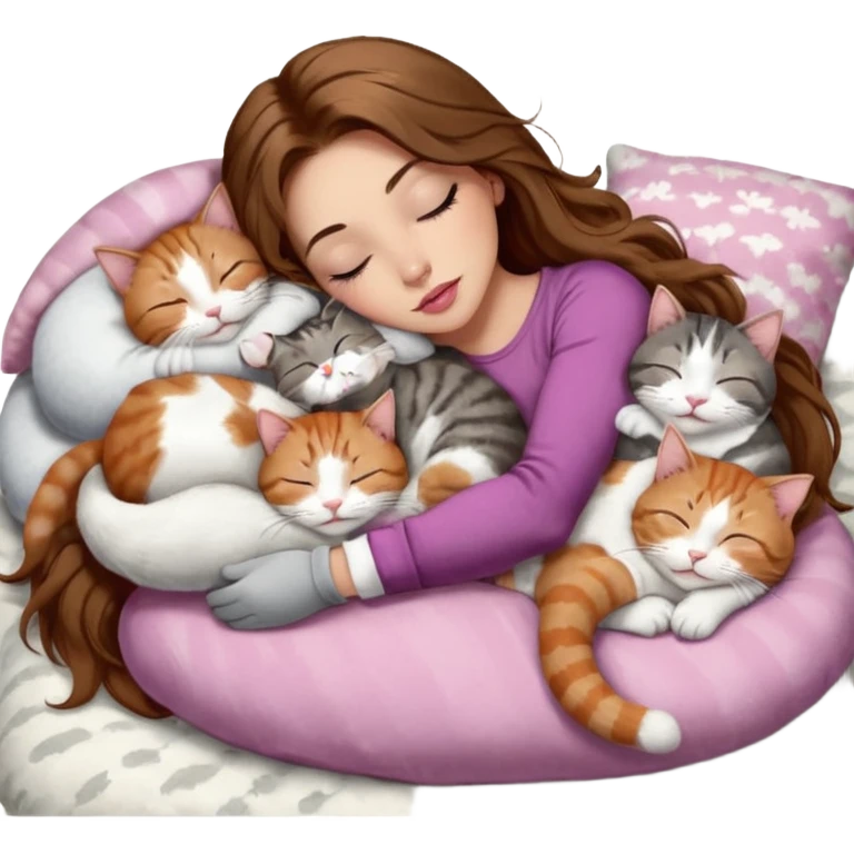 girl with long wavy brown hair, brown eyes, long lashes makeup, sexy pink lips, light to medium complexion,  sleeping on a cozy pillow, with 6 cats: 1 brown and white tabby cat, 1 ginger and white, 2 grey and white, 1 grey with white mittens and small white patch on chest and 1 calico, sleeping emoji