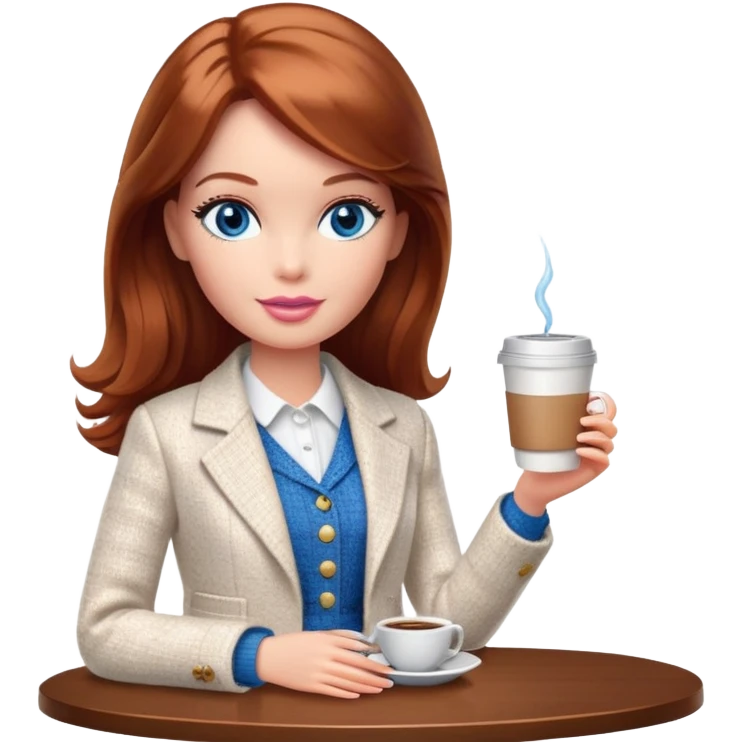A Barbie girl with blue eyes, shoulder-length reddish-brown hair, made-up, wearing a white tweed jacket and a white skirt, with a glass of coffee in her hands emoji