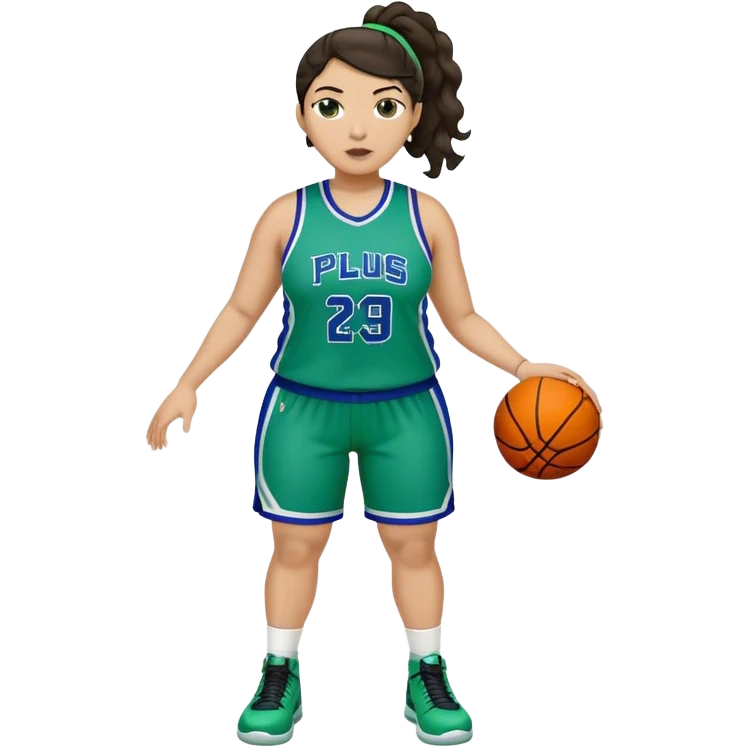 full body plus size light skin latino women basketball player with wavy dark hair in pony tail wide nose wearing blue with green uniform emoji