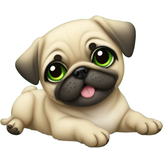 Cute Baby pug with big green eyes happy  lying down  emoji