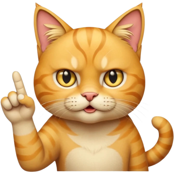 A beautiful yellow tabby with an angry expression holding up the THIRD finger of its LEFT paw emoji