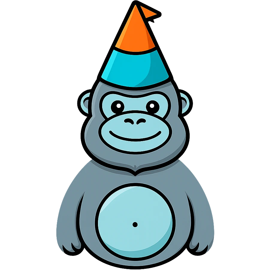 Make sure the cyan gorilla with a party hat has no legs, keep the background transparent. Maintain the original style and details of the image. emoji