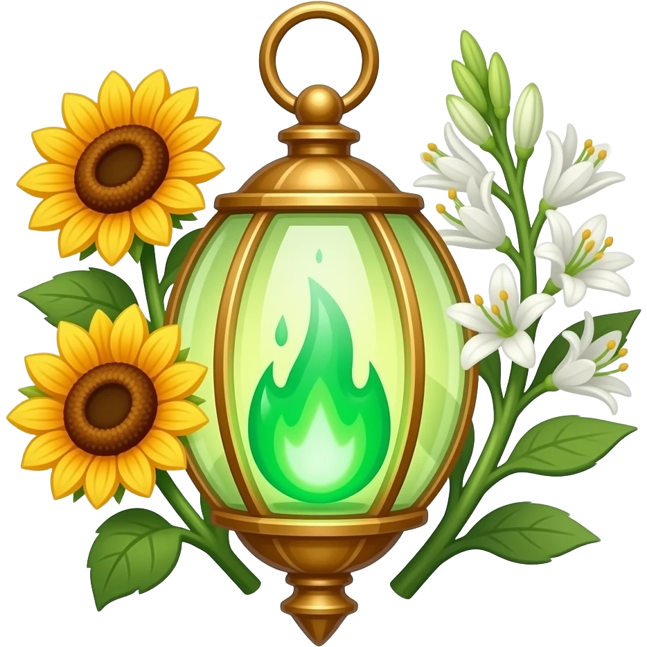 A golden hanging lantern with a bright emerald flames, an empty loop on top, fae themed sunflowers on the left and fully bloomed asphodels on the right as part of the design, but simple focus more on the green flames, paint the glass more green, have its bottom point come to some sort of point emoji