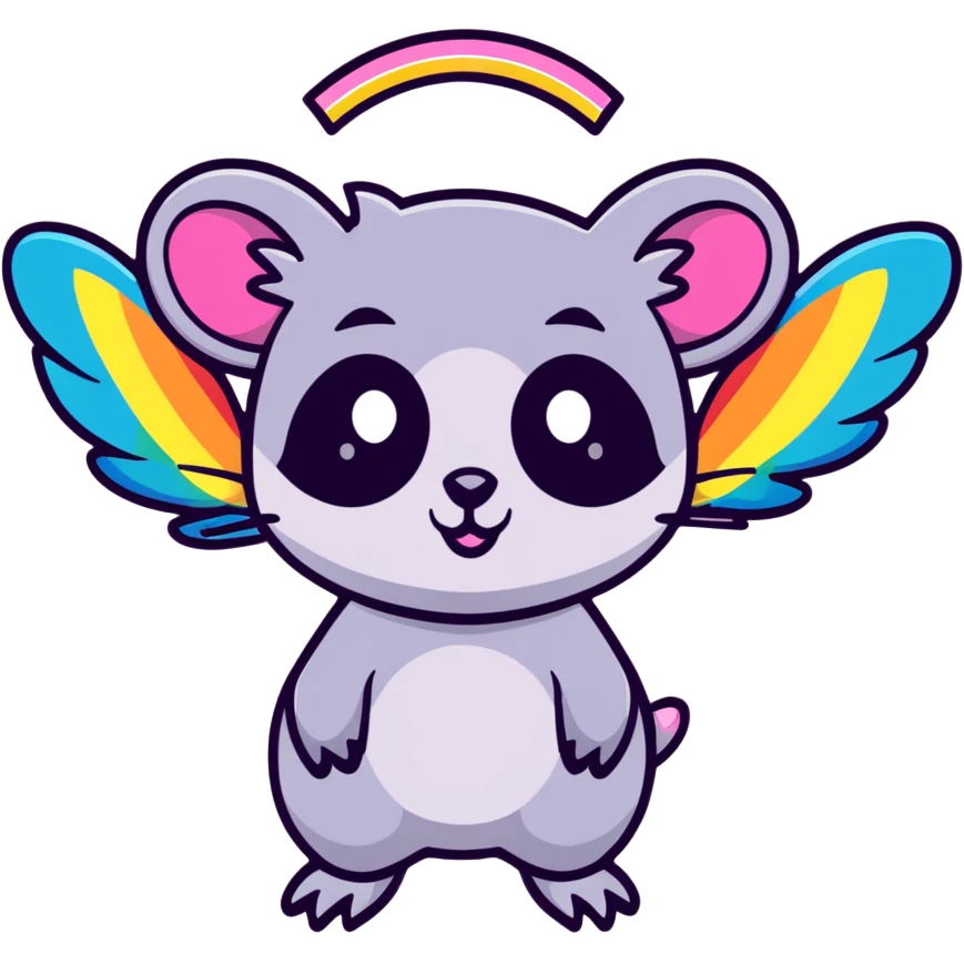 colorful possum with rainbow wings, sparkly halo, lots of glitter emoji