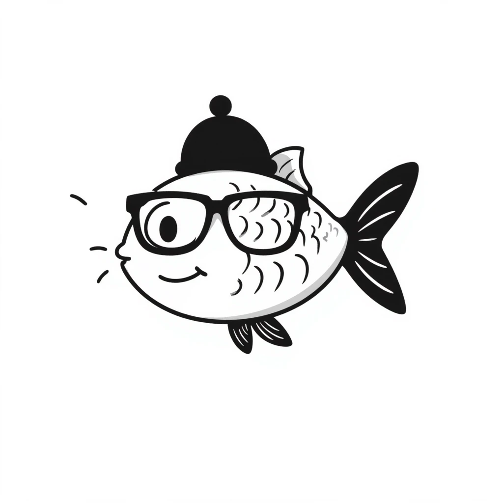 A hand-drawn goldfish with a derpy expression wearing oversized glasses emoji