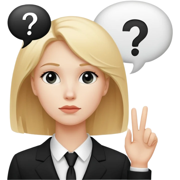 blonde haired white woman in a black formal suit with a white speech bubble containing a black question mark next to her head emoji