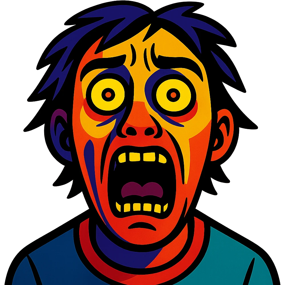 face with intense colors and dramatic horror expression, vibrant toon style, after witnessing cannibalism emoji