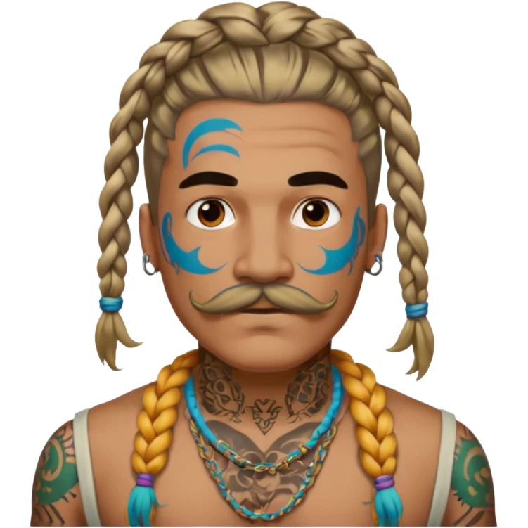 big lose braids starting from the top sides of the head man with mustache face wiith big visible loose only two braids and lots and lots of colored face tattoos colored tattoos like a tattoo artist hair unique color emoji