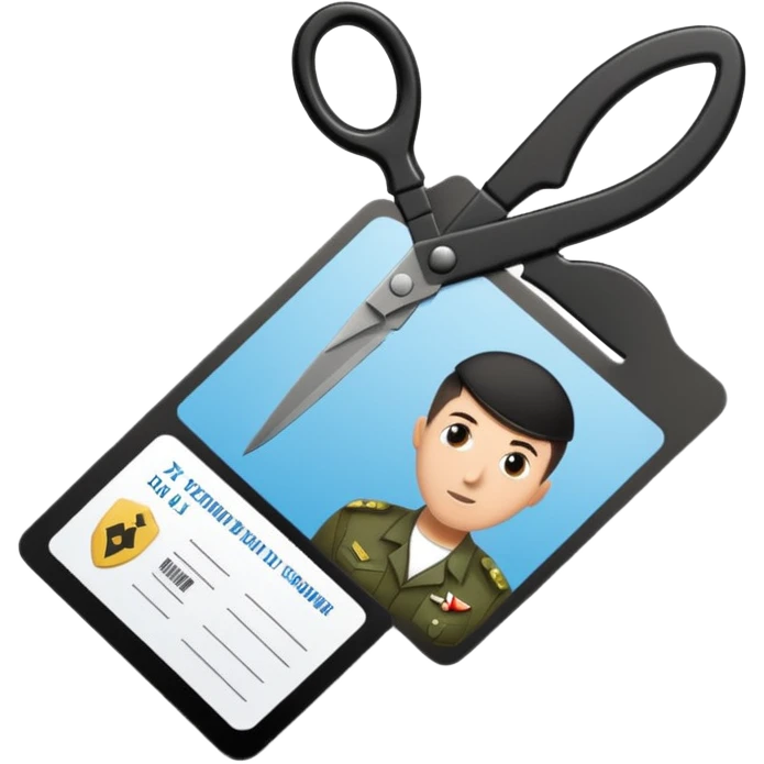 Floating black Scissors cutting in half an idf soldier ID card with a little chip in 2 parts emoji