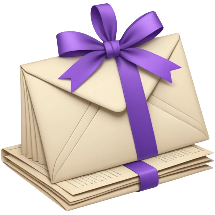 A beautifully arranged Stack of aged letters, tied with a purple ribbon, envelopes, corespondence, aesthetic, purple flower petals around, mails emoji