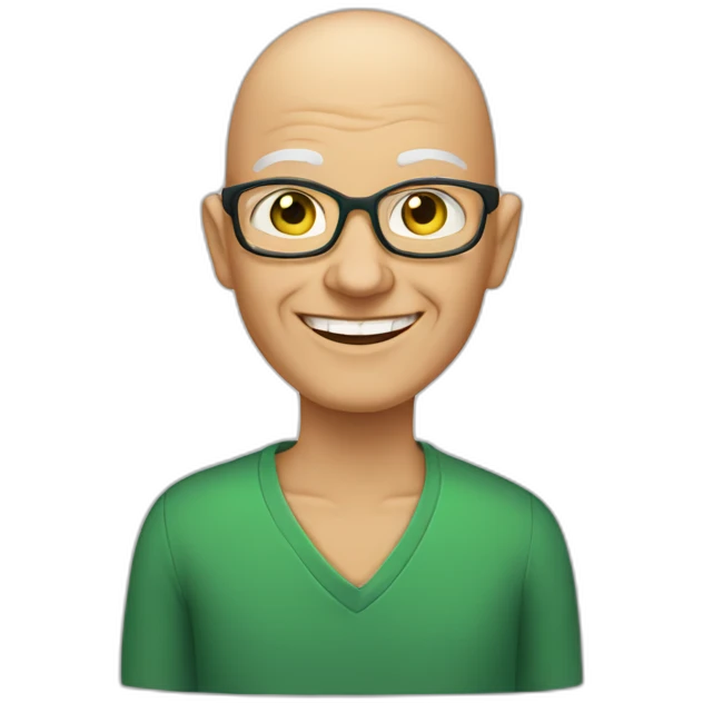 50 year teacher with smiling face and no hair, intelligent strong green eyes, emoji