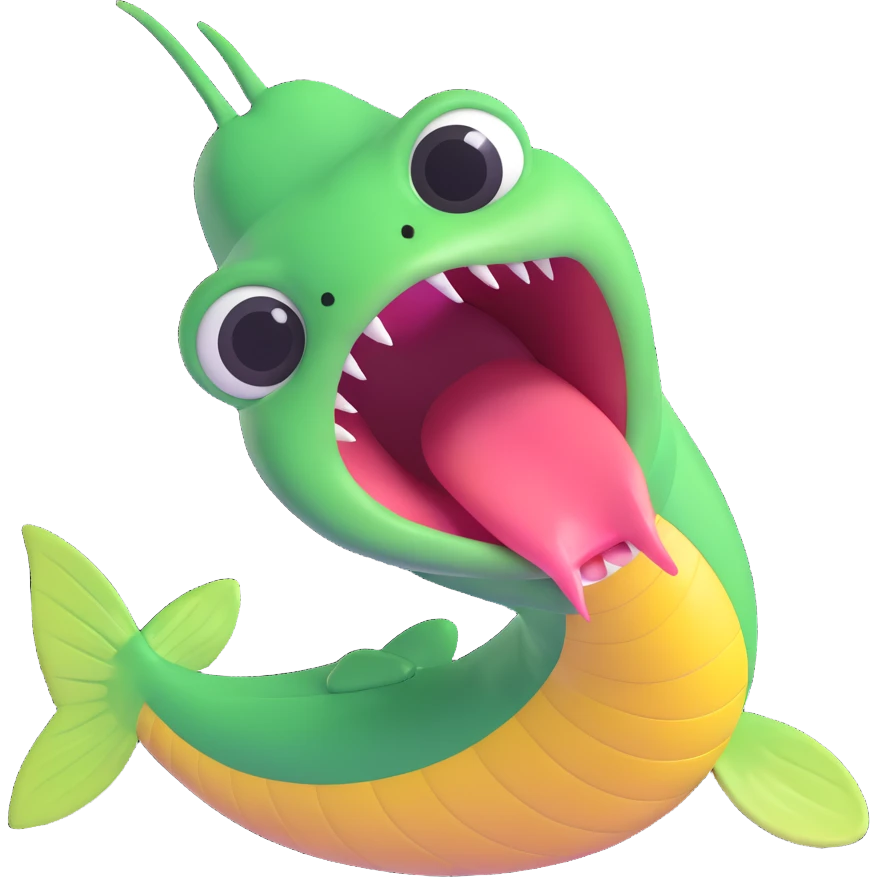 an eel with two mouths, 3D style, shiny texture, expressive face emoji