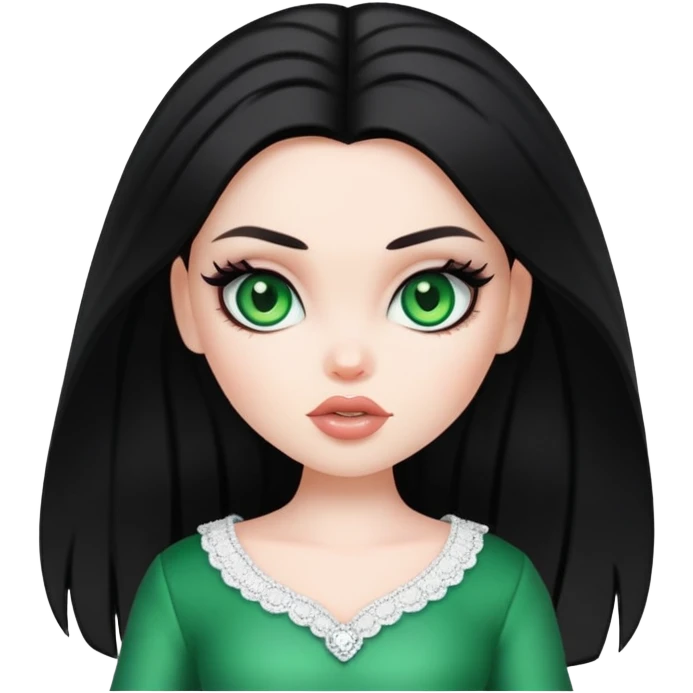 pretty bratz baddie, pale skin, black hair green eyes emoji