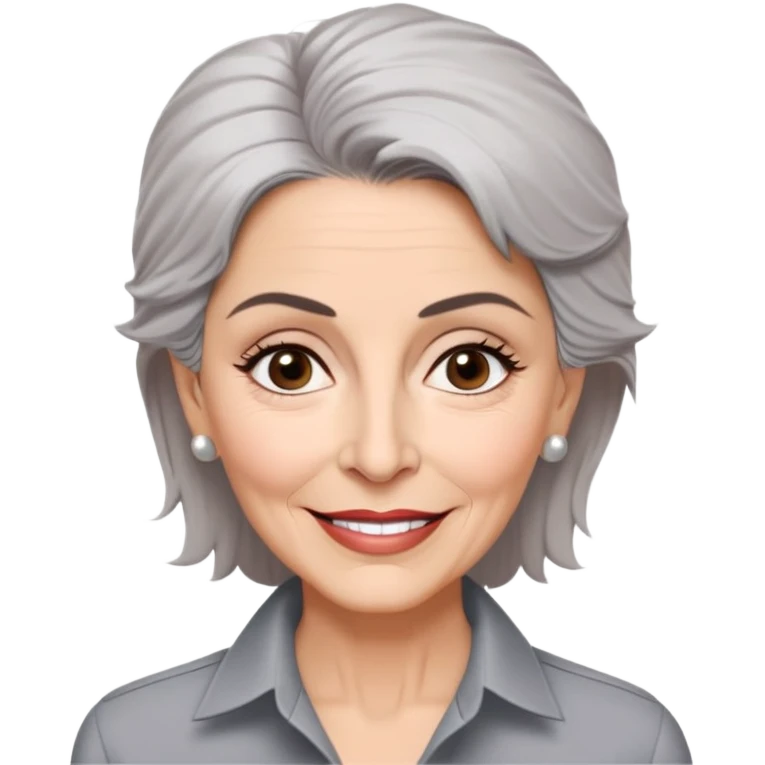 Older Puerto Rican actress Marian Pabón with elongated face, light pinkish skin, almond-shaped expressive eyes, straight nose, well-defined lips with wide smile, arched eyebrows, pronounced cheekbones, short spiky gray hair like a man's cut, more wrinkles, wearing a white buttoned shirt emoji