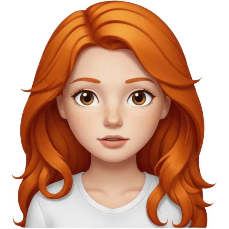A white girl with freckles long lashes plump lips and ginger long hair pretty and she’s wearing a white shirt emoji