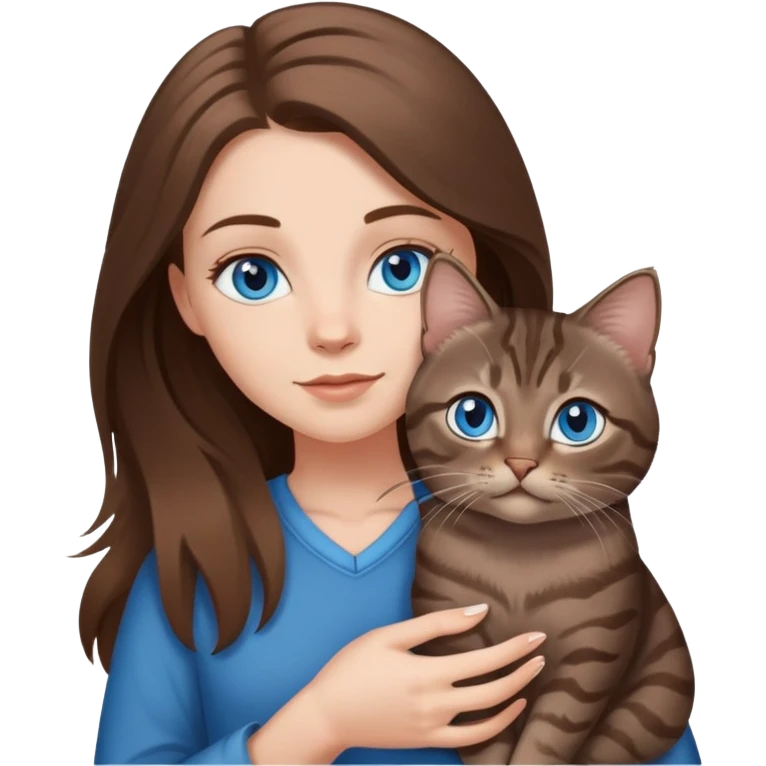 White girl with blue eyes and long brown hair, holding a small dark gray tabby cat emoji