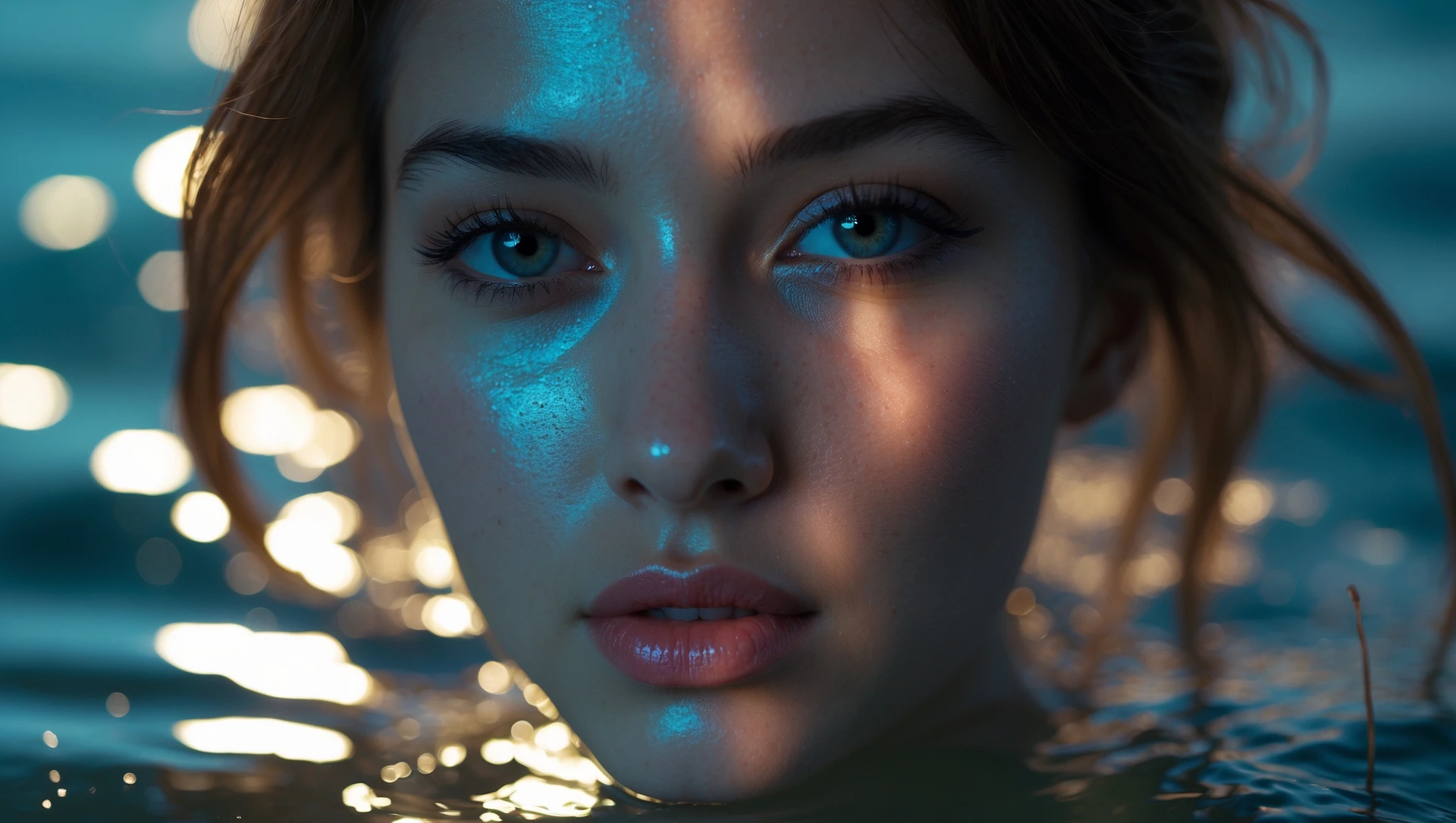 Extreme Closeup photo of a beautifull woman, water light reflection on face, low key light, cinematic light, 8K, very detailed, sharp emoji