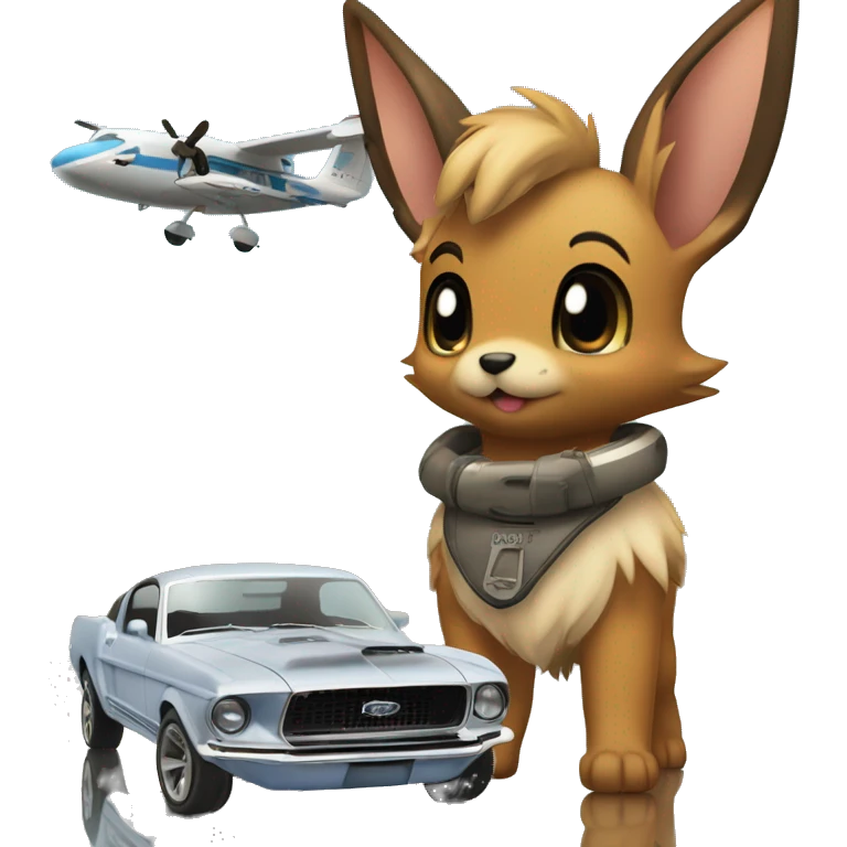 Eevee standing next to a ford mustang 67 in the background there is the Earth with a small Airplane   emoji